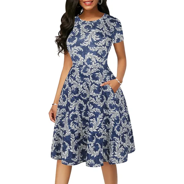 Oxiuly Women Casual Dress Round Neck Soft Cotton Floral ALine Midi Summer Dresses With Pockets