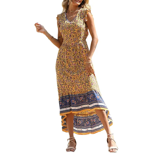 Prettygarden Women's Summer Maxi Dress Casual Floral V Neck Cap Sleeves