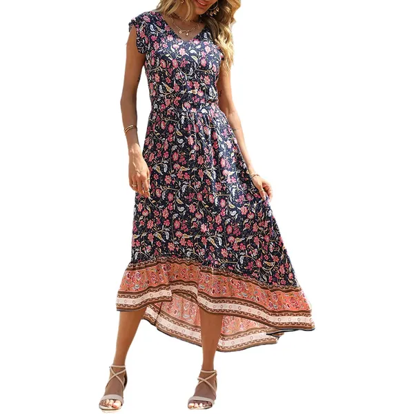 Prettygarden Women's Summer Maxi Dress Casual Floral V Neck Cap Sleeves ...