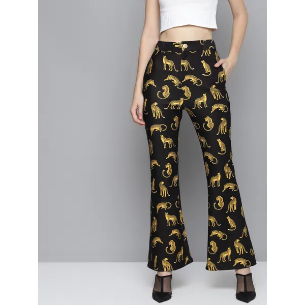 Sassafras Women's Black Scuba Cheetah Bell Bottom Pants XXL
