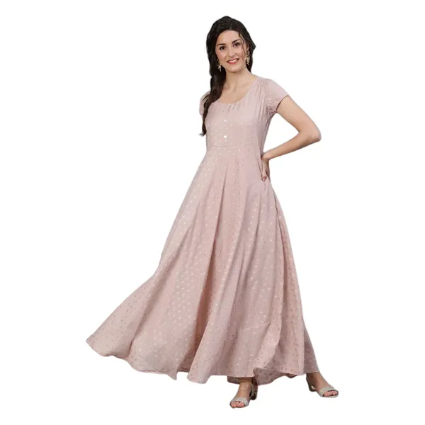Cotton Dobby Dress Material with delicate zari butti motifs and zari stitch yoke.(Peach)