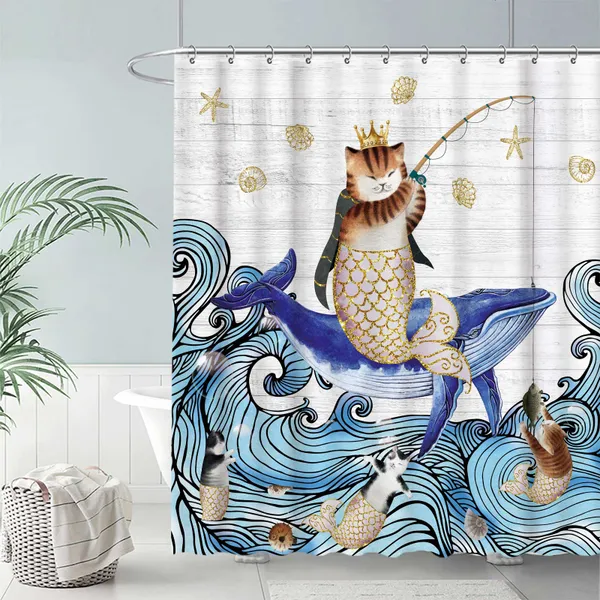 Seasonwood Funny Cat Mermaid Riding The Whale Shower Curtains 72" x 72