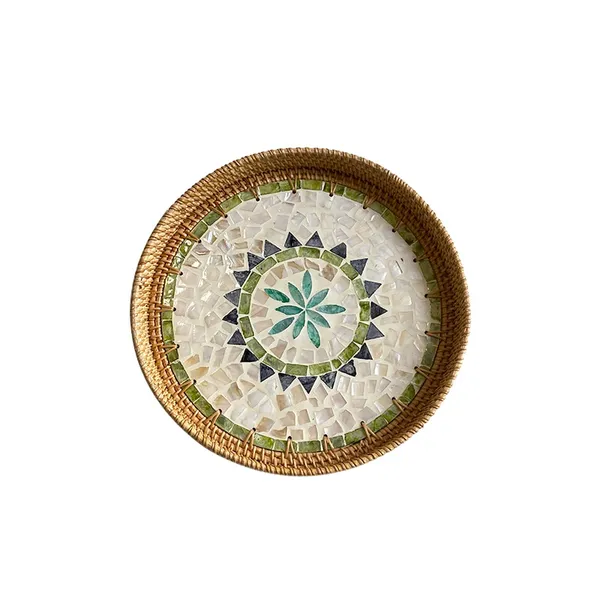 Green Double Circle Rattan Round Woven Basket Tray 30x3cm Wholesale