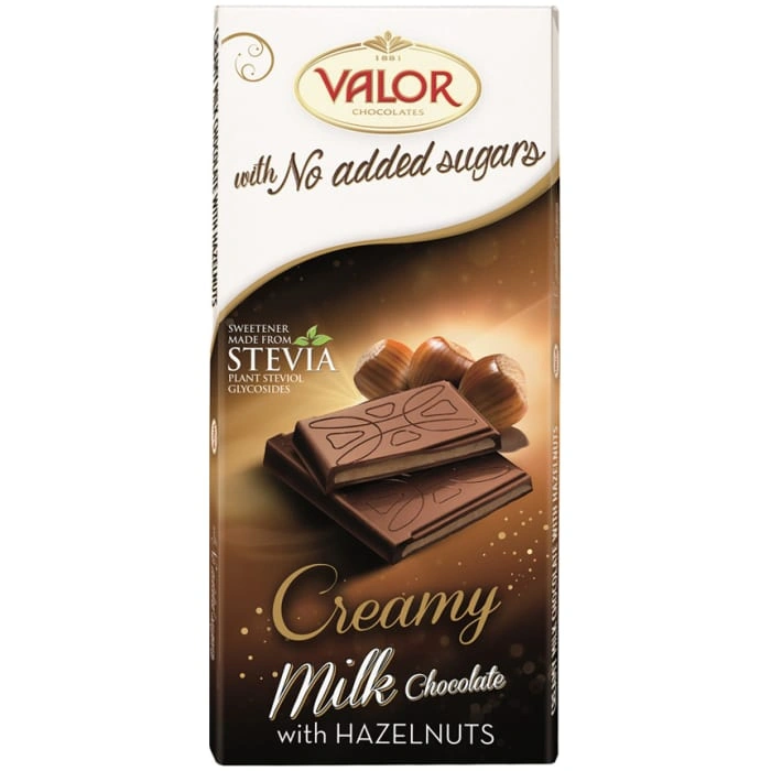 Valor Creamy Milk Chocolate Bar Hazelnut No Sugar 100 Gr