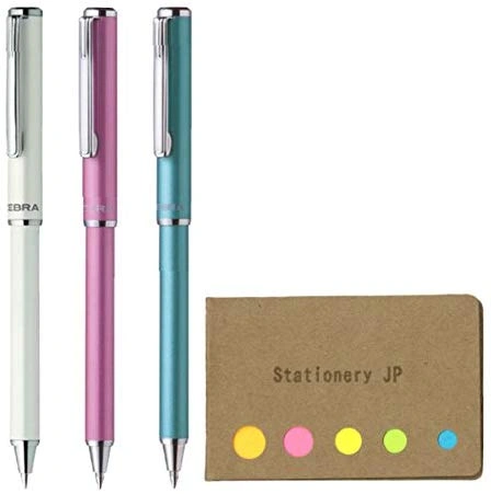Stationery JP Zebra SL-F1 Mini Telescopic Ball Point Pens, 0.7mm, 3 Body Colors (White/Pink/ Light Blue), Sticky Notes Value Set