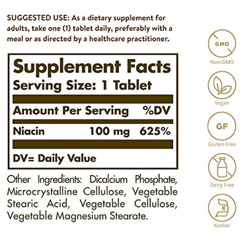 Solgar Niacin Vitamin B3 100mg Dietary Supplement 100 Tablets