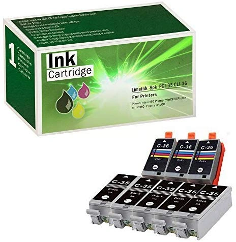 Limeink 8 Pack Compatible PGI-35 & CLI-36 Ink Cartridges (5 Black, 3 Color) Color Set Use for Canon PIXMA iP100 PIXMA iP110 Series Printers 1509b002 1511B002