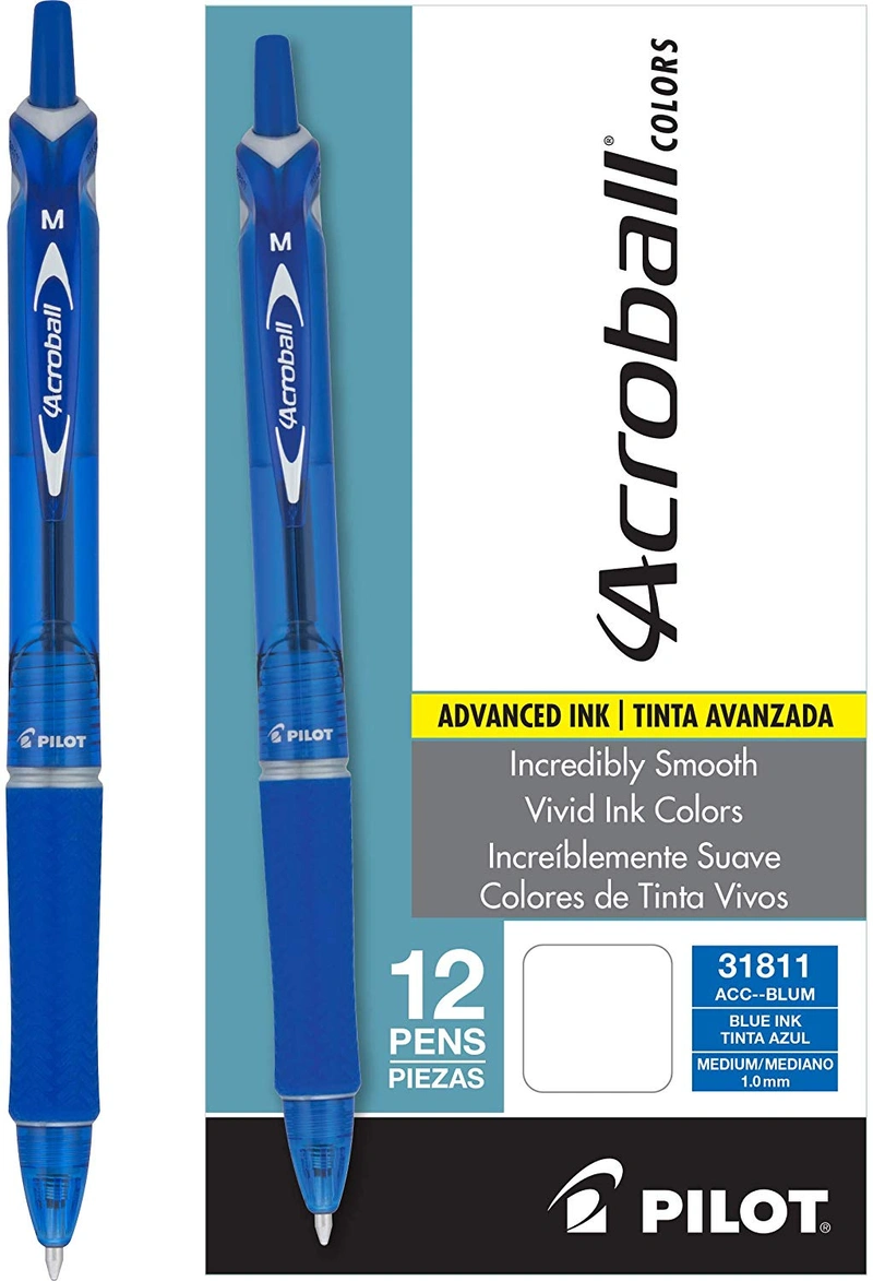 Pilot Acroball Colors Retractable Advanced Ink Ball Point Pens, Medium Point, Blue, Dozen Box (31811)