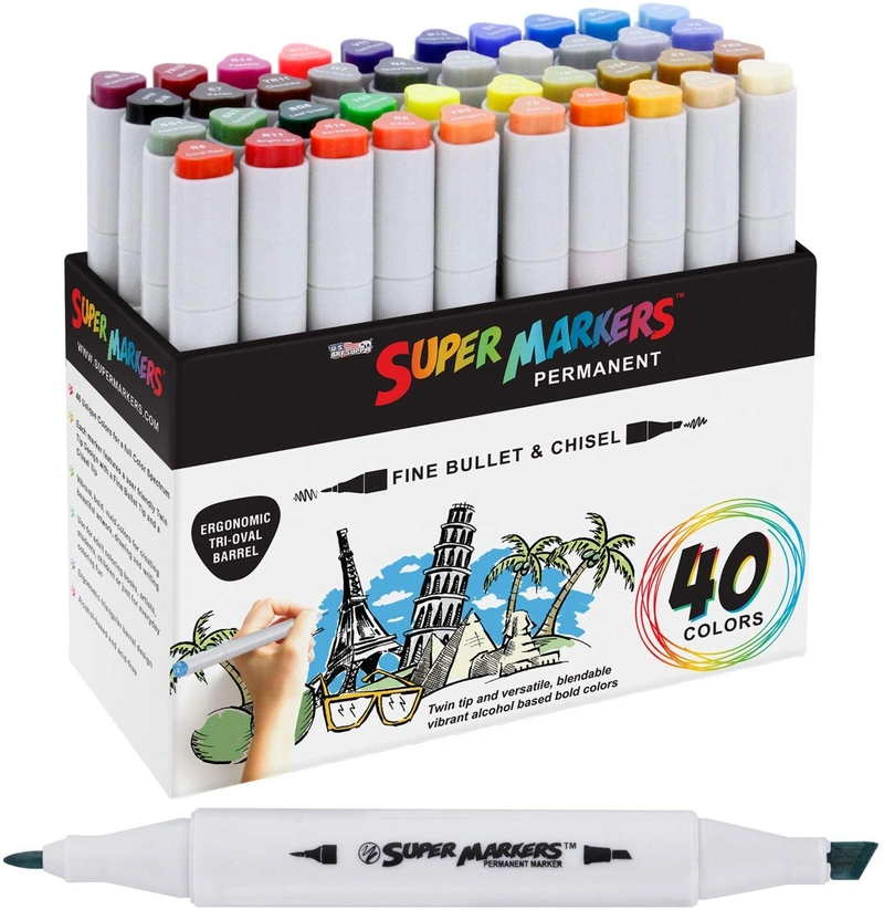 US Art Supply 40 Color Super Markers Primary Tones Dual Tip Set - Double-Ended Permanent with Fine Bullet and Chisel Point Tips Ergonomic Tri-Oval Barrels Draw, Sketch, Illustrate, Render, Manga