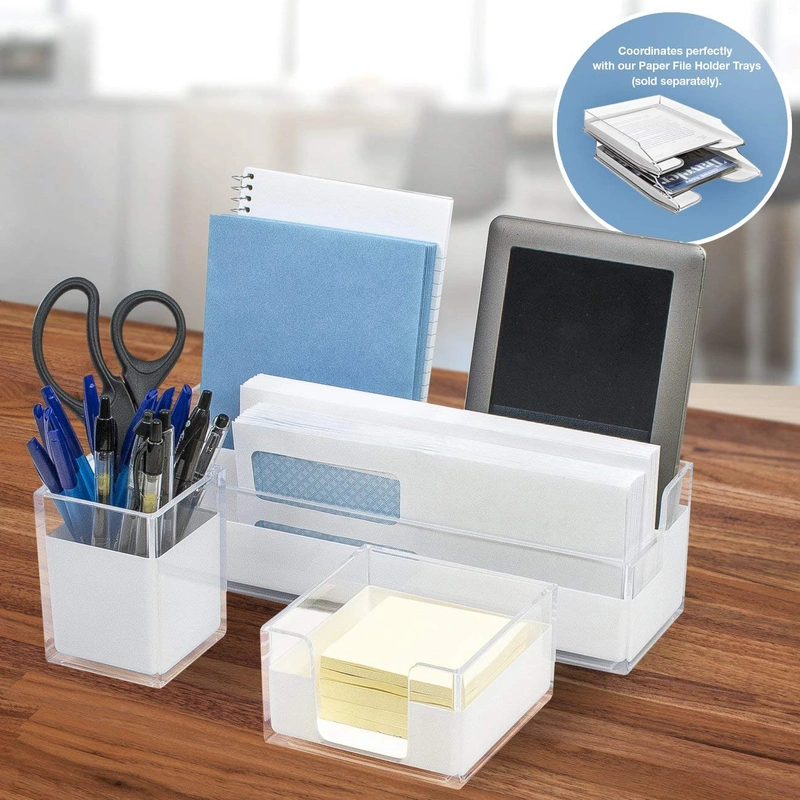 Sorbus Acrylic Desk Organizers Set 3-Piece, Includes Organizer Caddy, Memo Tray and Pen Cup, Modern Accessories Great for Home or Office, White Clear (Desk Set)
