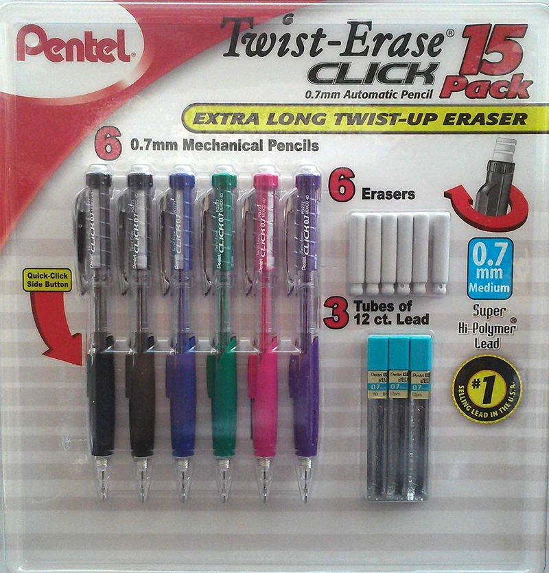 Pentel Twist-Erase Click Contains (6) 0.7mm Automatic Pencils, (6) Extra Long Eraser Refills & (3) Tubes of 12 count lead) New Design, 1 lb