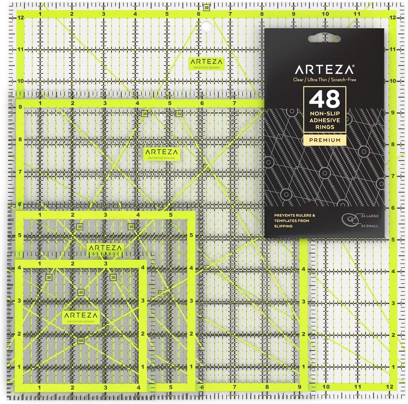 ARTEZA Acrylic Quilters Ruler &amp; Non Slip Rings - Double-Colored Grid Lines (4.5X4.5, 6X6, 9.5X9.5, 12.5X12.5, Set of 4)