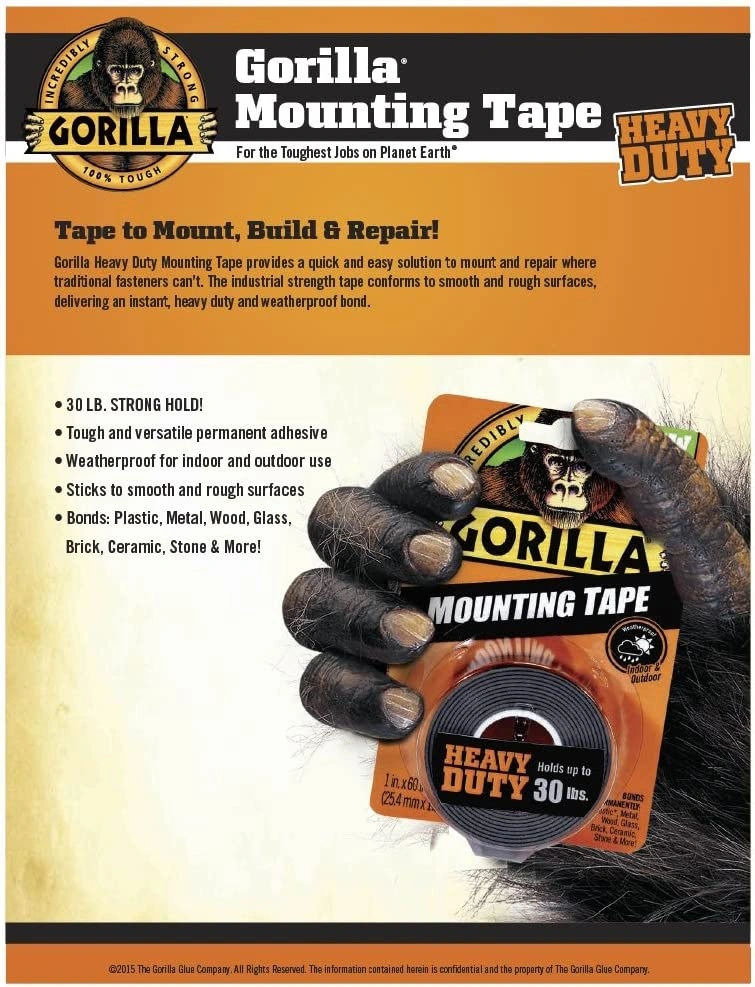 Gorilla - Heavy Duty Double Sided Mounting Tape, Weatherproof, 1 inch x 60 inch , Black, (Pack of 3) 6055026