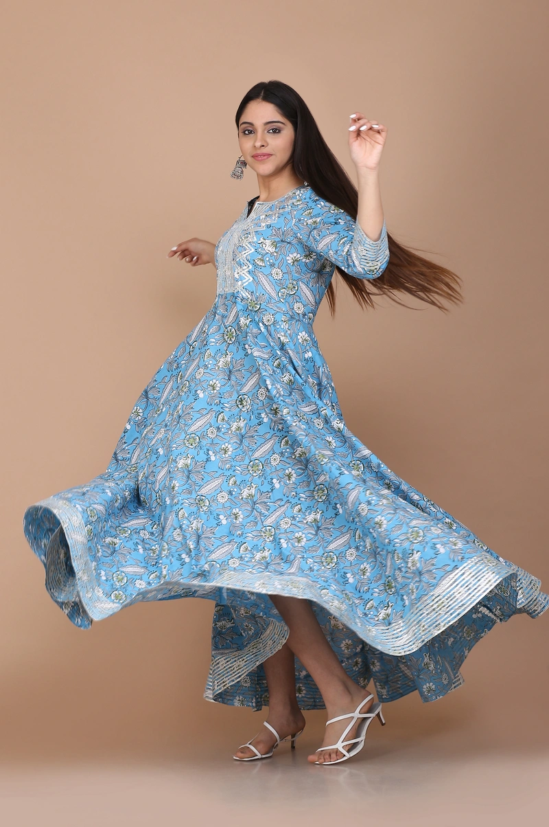 Saanwaliya Handblock Printed Cotton Dress With Gota Work