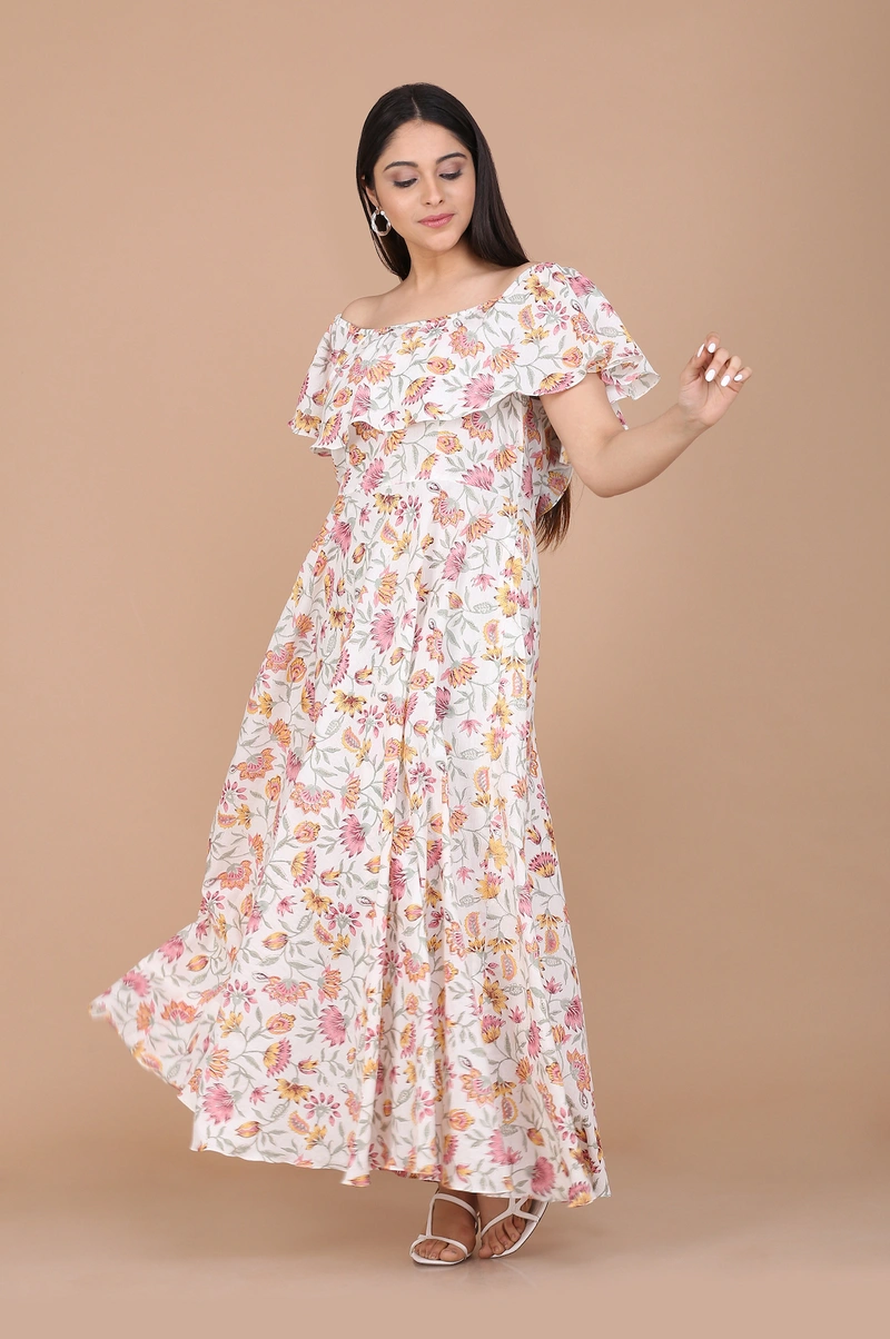 Saanwaliya Off Shoulder Hand Block Printed Dress
