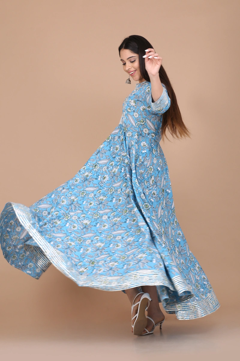 Saanwaliya Handblock Printed Cotton Dress With Gota Work
