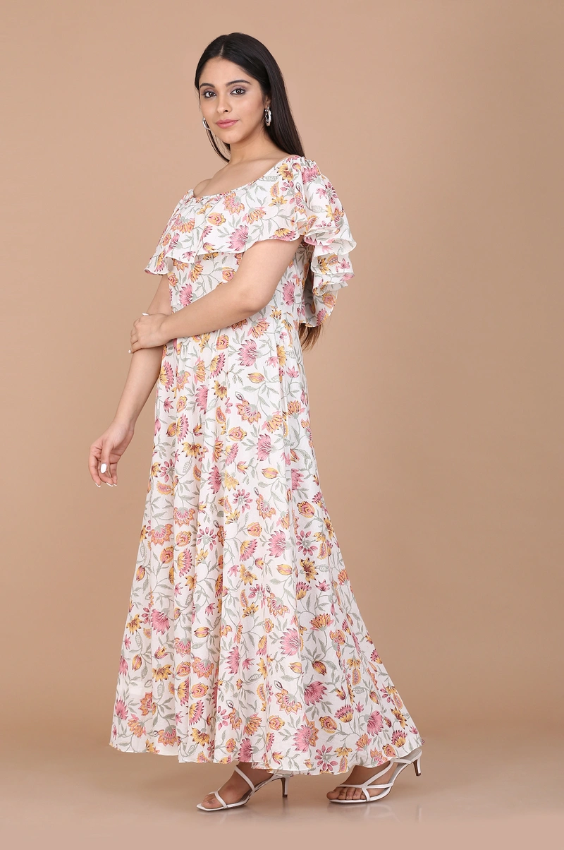 Saanwaliya Off Shoulder Hand Block Printed Dress