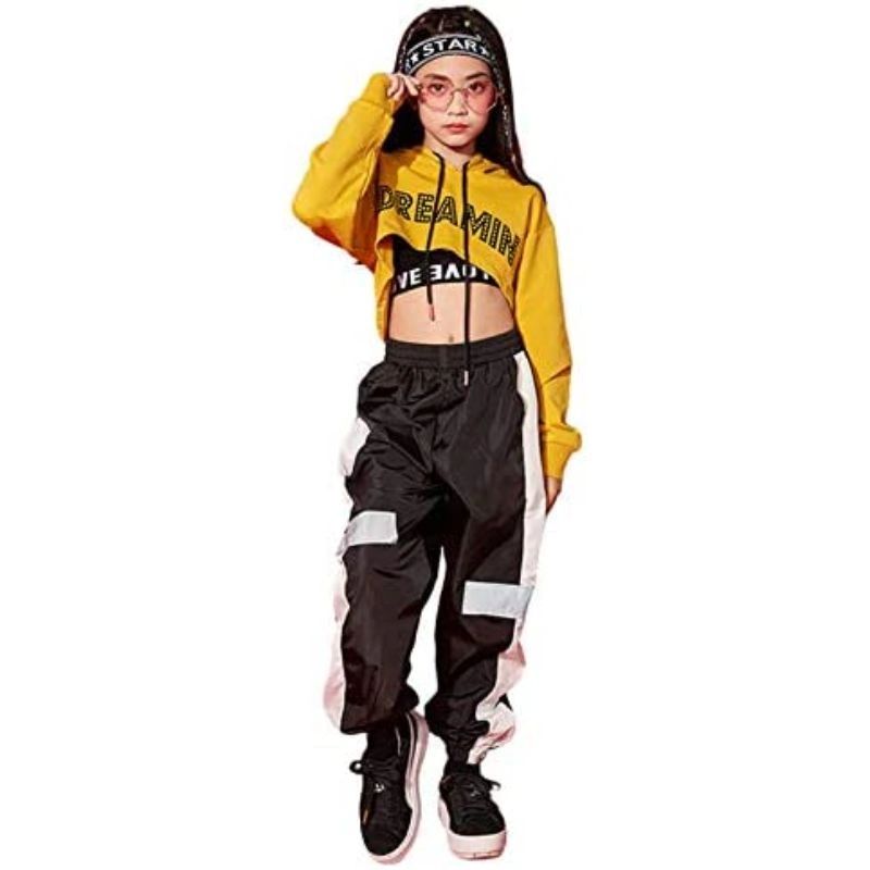 Girls 2 Pieces Outfit Hip Hop Dance Clothes Kids Cropped Hoodie Sweatshirt  Sweatpants Jogger Dance Wear Tracksuit Set