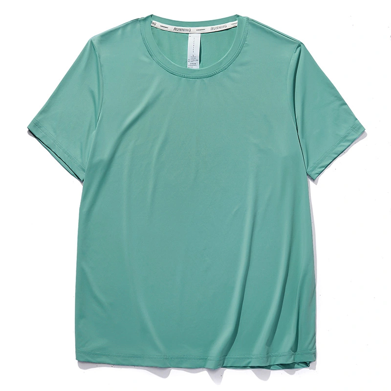 Haoze Women's Ice Silk Solid Color High Elasticity Breathable Sports Casual Round Neck Short Sleeve T-Shirt Top Green M