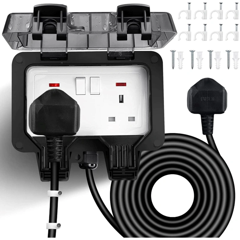 Foxnsk Outdoor Extension Lead Waterproof 3m/10ft Ip66 2 Gang Black 13a