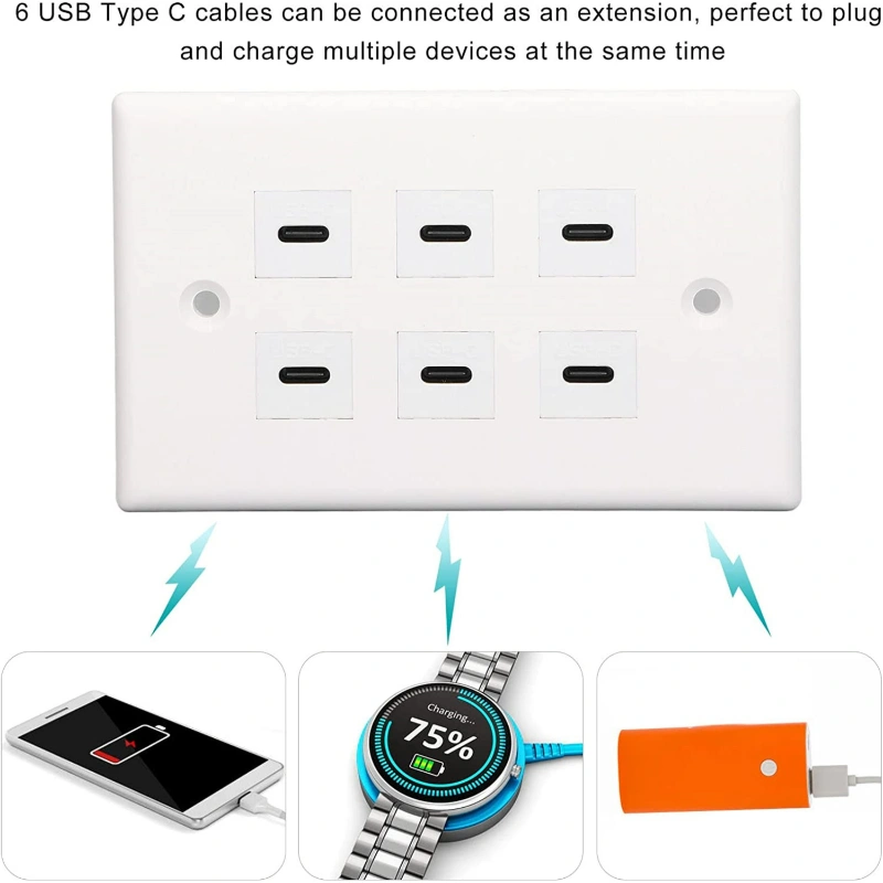 6 Port Usb C Wall Outlet, Type C Receptacle Outlet, Smart Fast Charging