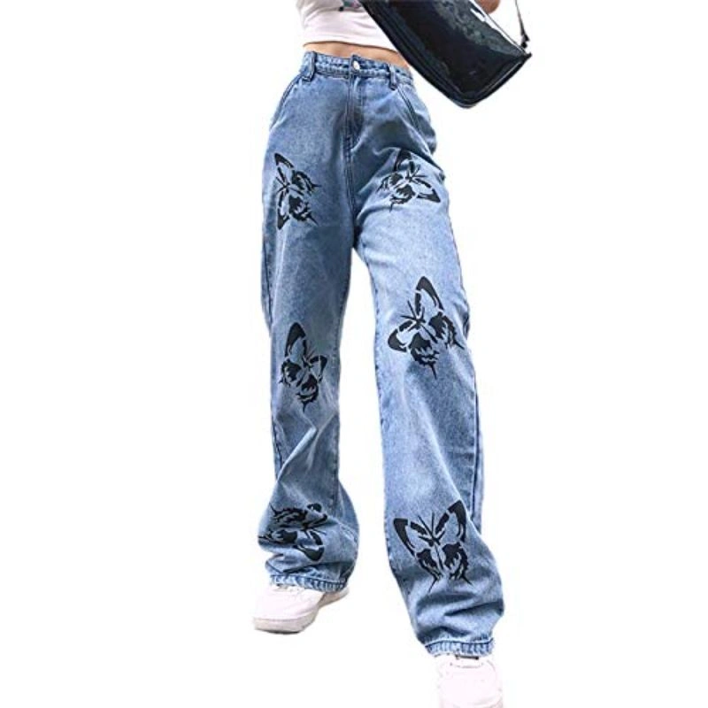 Lingyang Women High Waisted Pants Wide Leg Denim Jeans Straight Casual  Loose Baggy Trousers Vintage Y2K E-Girl Streetwear M, Black Butterfly, Wholesale Prices