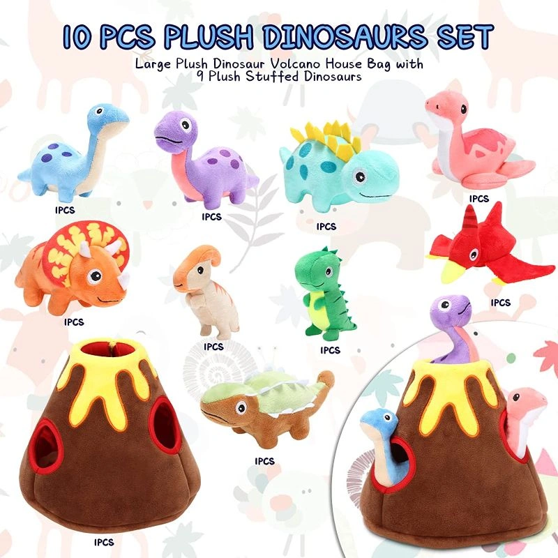 10 Pieces Plush Dinosaurs Set Large Plush Dinosaur Volcano House Bag