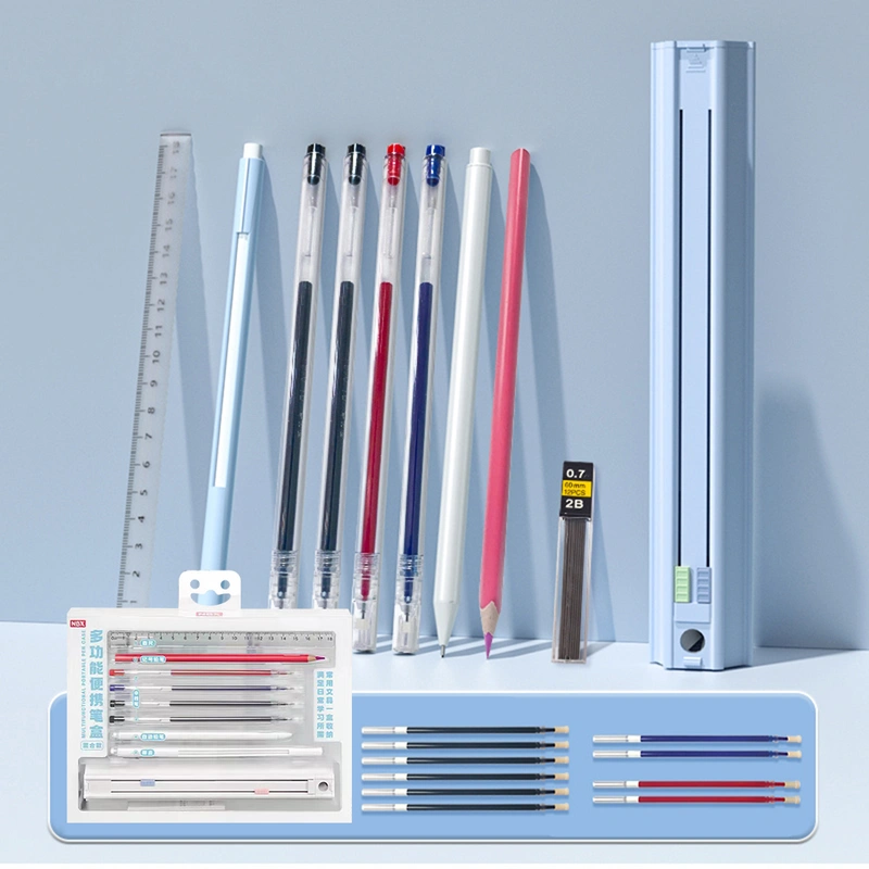 NBX Cute Pencil Box Hexagonal Standing Pen Holder MultiFunction PushPull Stationery Box Set