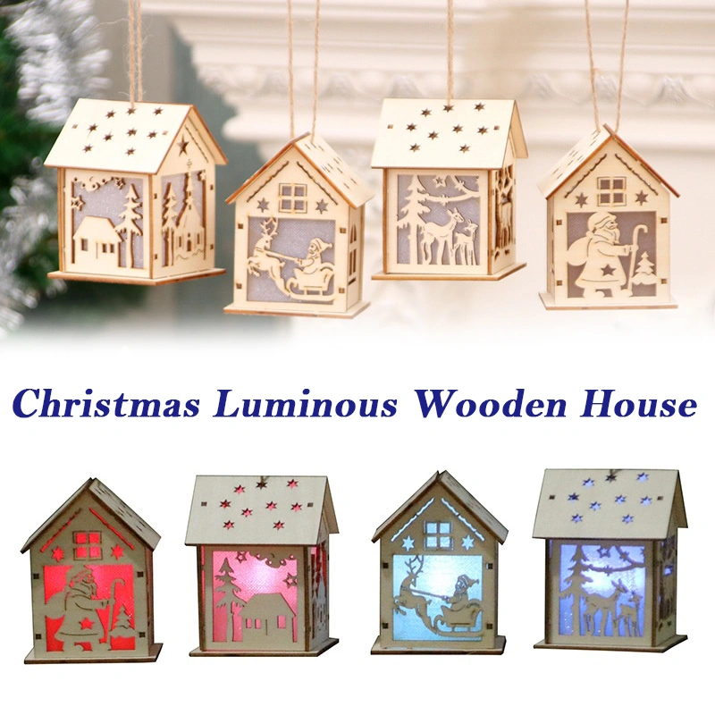Christmas Luminous Wooden House Hanging Ornaments Flashing Christmas