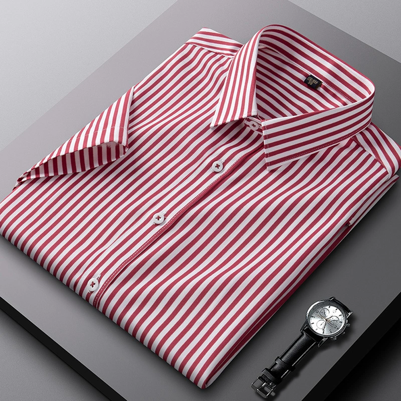 Mens Classic Fit Striped Spread Collar Wrinkle Free Cotton Dress Shirt