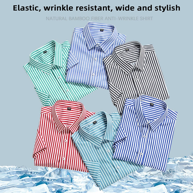 Mens Classic Fit Striped Spread Collar Wrinkle Free Cotton Dress Shirt