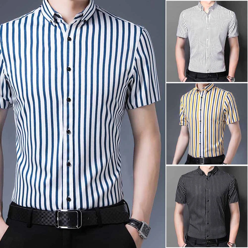 Mens Classic Fit Striped Spread Collar Wrinkle Free Cotton Dress Shirt