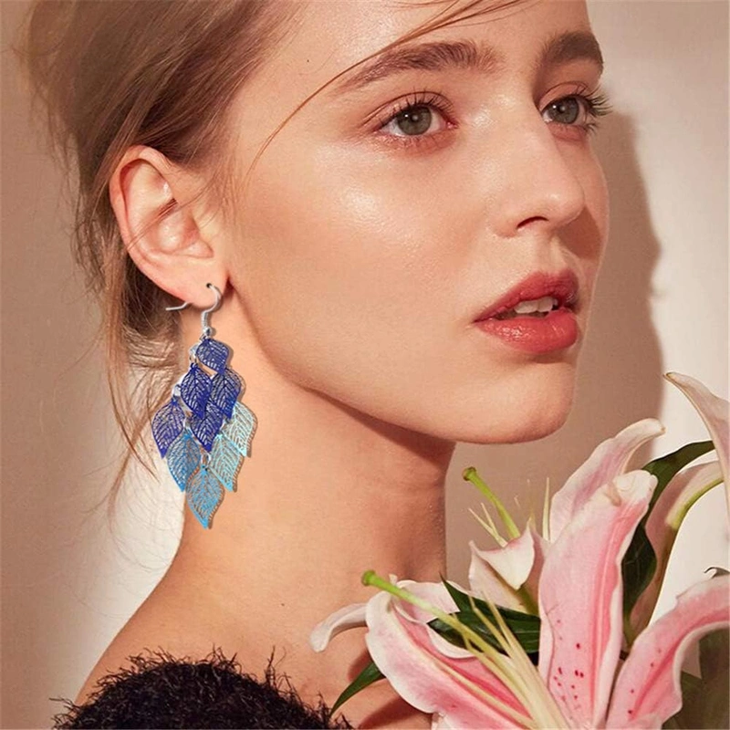 Guo Boho Lightweight Chandelier Layer Earrings Long Hollow Filigree Dangle Oval Leaves Drop