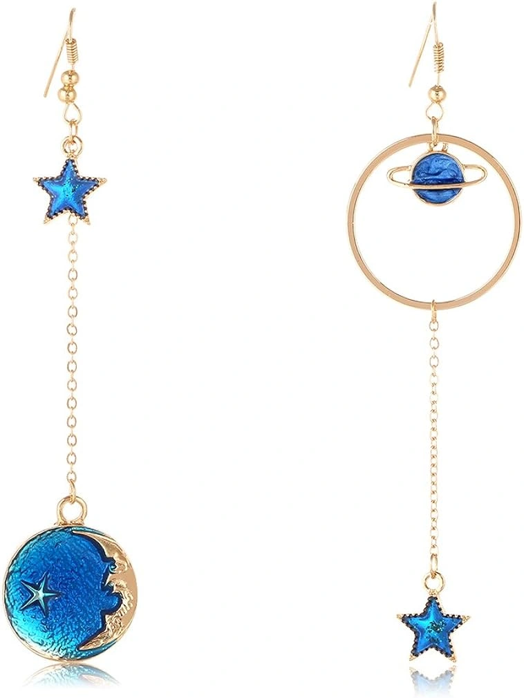Honbay Asymmetrical Moon Star Earrings - Gold & Blue Enamel Dangle Pendant Earrings