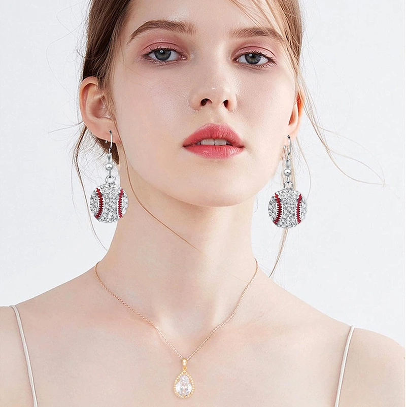 Guo Baseball Rhinestone Drop Dangle Earrings Sports Jewelry for Women