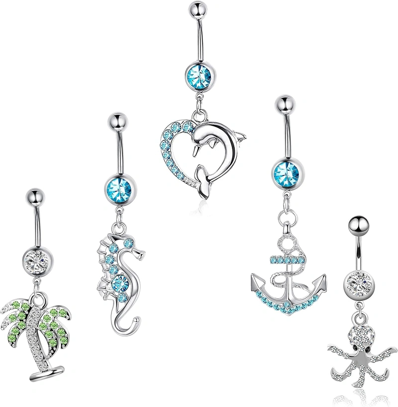 Guo 910 Pcs Dangle Belly Button Rings for Women 316L Surgical Steel