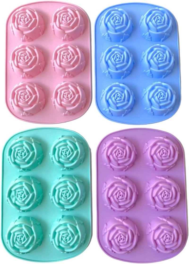 Guo 6 Cavity Rose Flower Silicone Mold, Set of 4PCS Non Stick Silicone