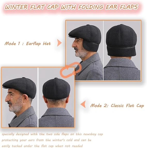 GUO Men's Winter Flat Cap with Ear Flaps Wool Blend Warm Newsboy Ivy ...
