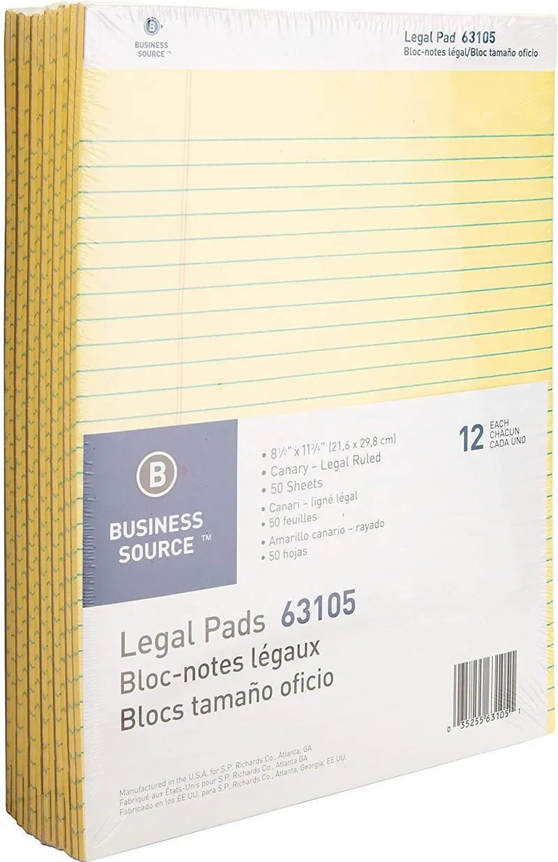 Business Source Ruled Legal Pad - 8.5 x 11 Inches - Pack of 12 Pads of 50 Sheets - Canary (63105)