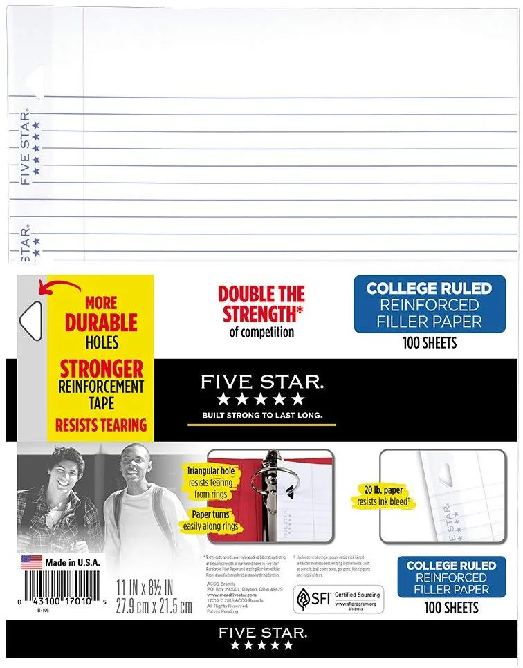Mead Products Reinforced Filler Paper, 20Lb, College Rule