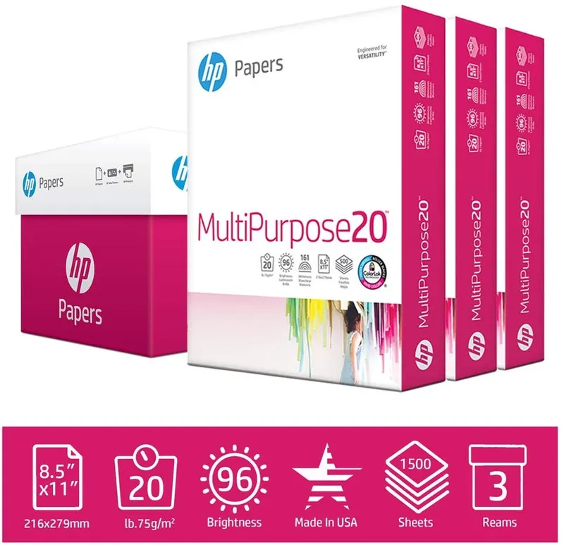 HP Paper, Multipurpose Ultra White, 20lb, 8.5x11, Letter, 96 Bright, 1,500 Sheets / 3 Ream Case, Made In The USA