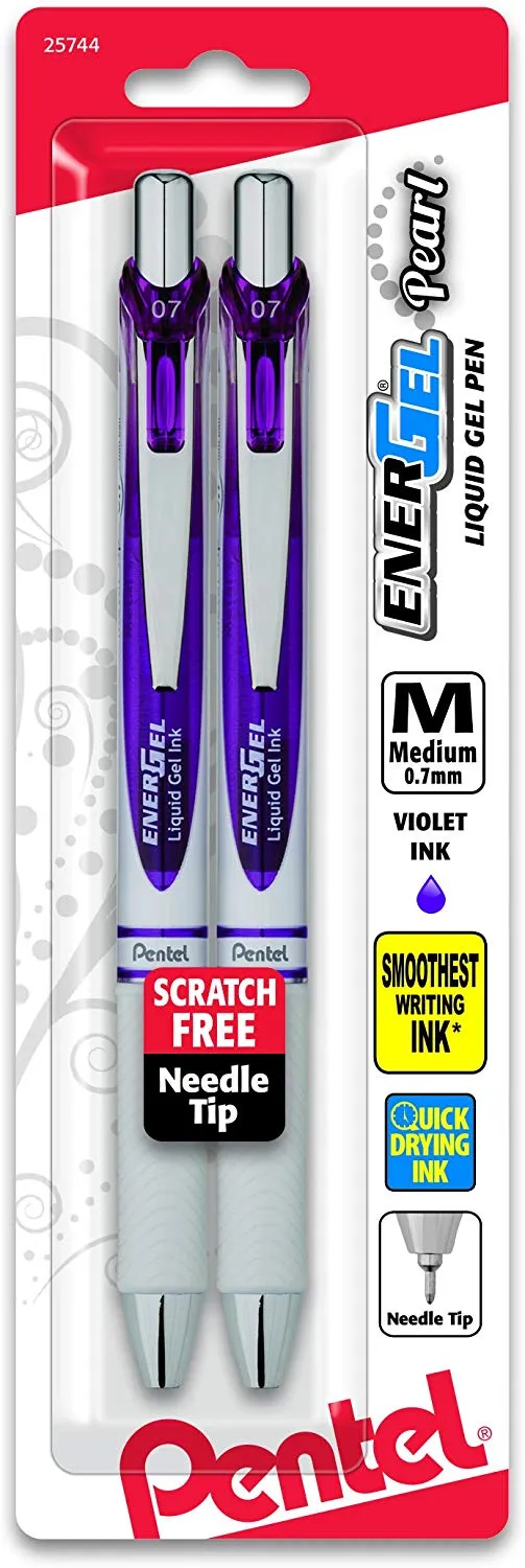 Pentel EnerGel Pearl Deluxe RTX Retractable Gel Pen, 0.7mm Needle Tip, 2 Pack, Violet Ink (BLN77WBP2V)
