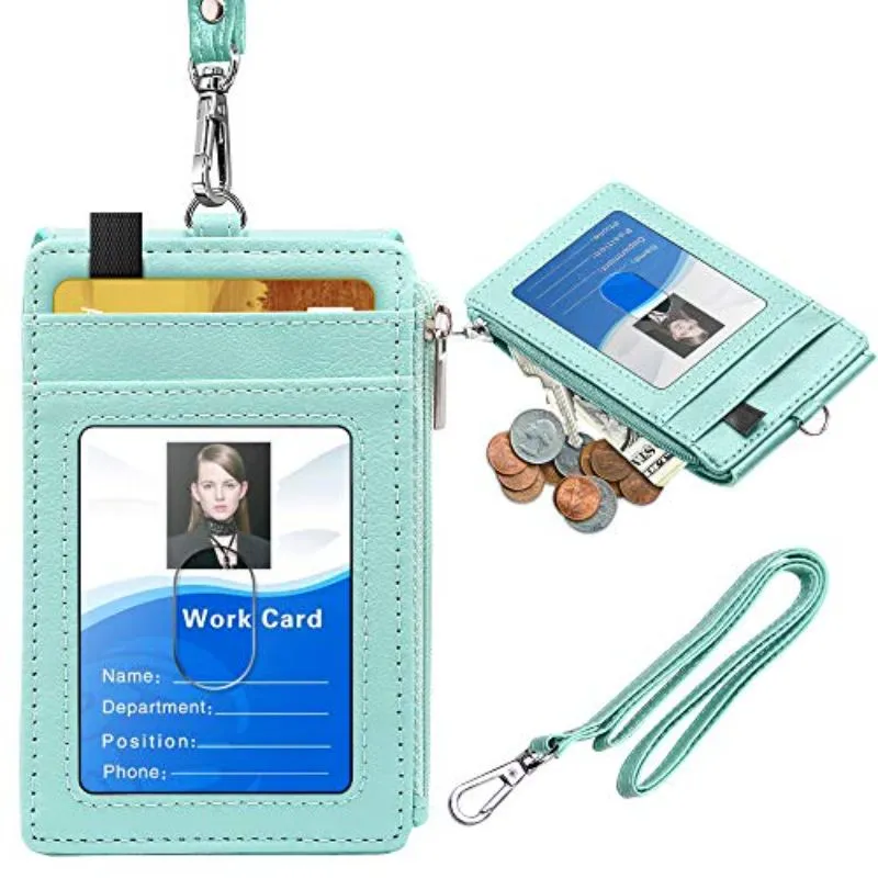 elv badge holder with zipper, pu leather id badge card holder wallet
