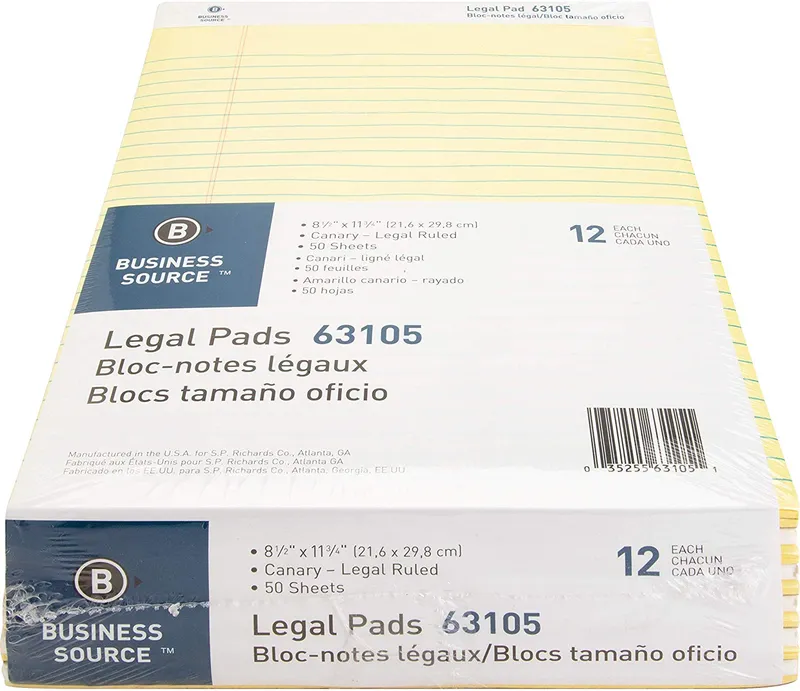 Business Source Ruled Legal Pad - 8.5 x 11 Inches - Pack of 12 Pads of 50 Sheets - Canary (63105)