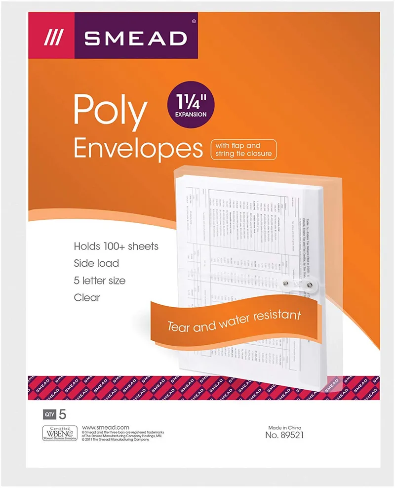Smead Poly Envelope, 1-1/4 Expansion, String-Tie Closure, Side Load, Letter Size, Clear, 5 per Pack (89521)