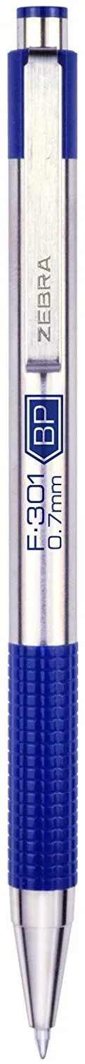 Zebra F-301 Stainless Steel Retractable Ballpoint Pen, 0.7mm, Blue, 1 Pack (27121)