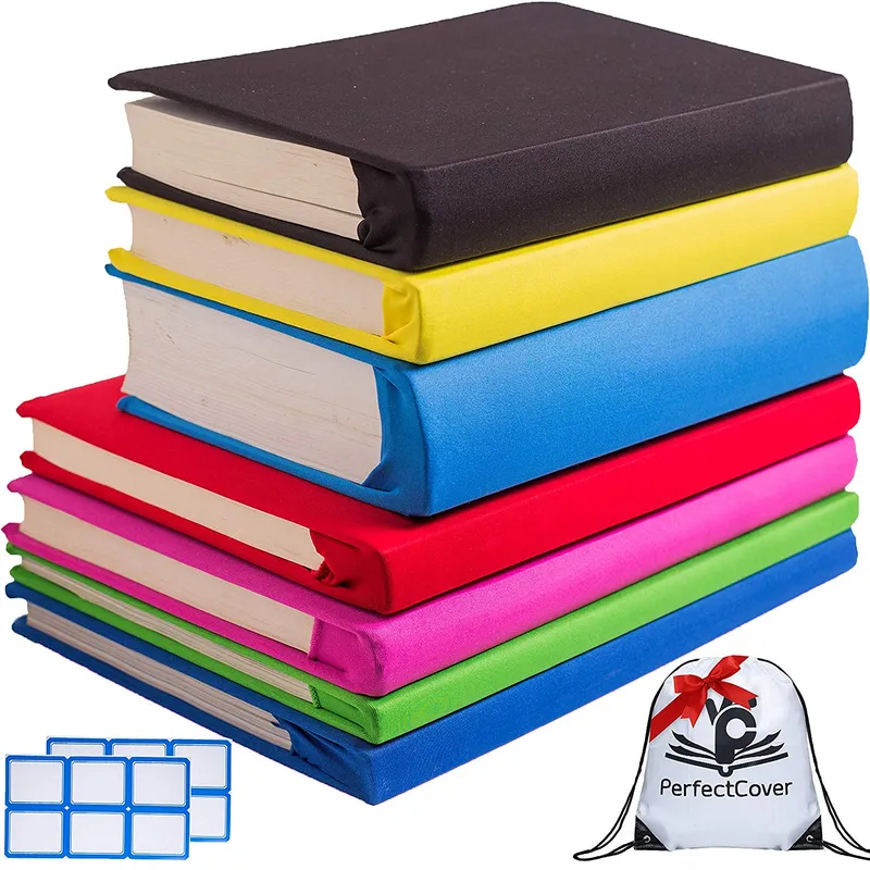 PerfectCover 7 Pack Stretchable Book Covers JUMBO size by PerfecCover Durable, Washable, Reusable and Protective Jackets for Hard Cover Schoolbooks, Textbooks Multiple Colors With Bonus String bag