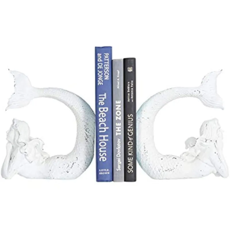 Set of 2 Pieces White Creative Co-Op Distressed Stone Resin Mermaid Bookends