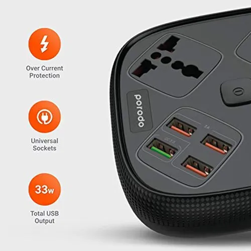 Porodo 33W 10A Multi-Socket Surge Protector With 3.0 Quick Charge And USB Output Black PD-SC3302-BK