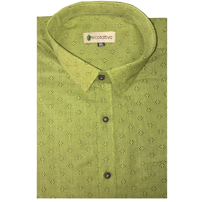 Ecotattva's Military Green Half Sleeve Printed Khadi Cotton Casual Shirt  for Men - XL